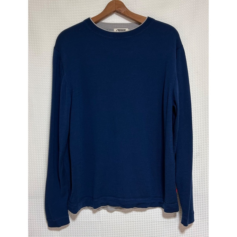 Mountain Khakis Sweater Mens size L Crew Neck Merino Wool Pullover Blue Repair g